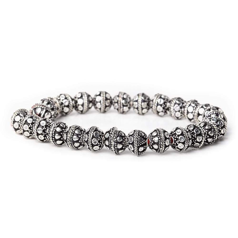 8mm Antiqued Sterling Silver plated Bead Cap Dots and Rope Center Design 8 inch 54 beads