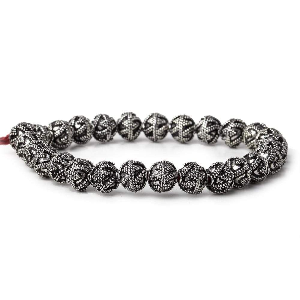 8mm Antiqued Sterling Silver Plated Copper Bead Round, Miligrain Triangles & Swirl 8 inch 28 pieces