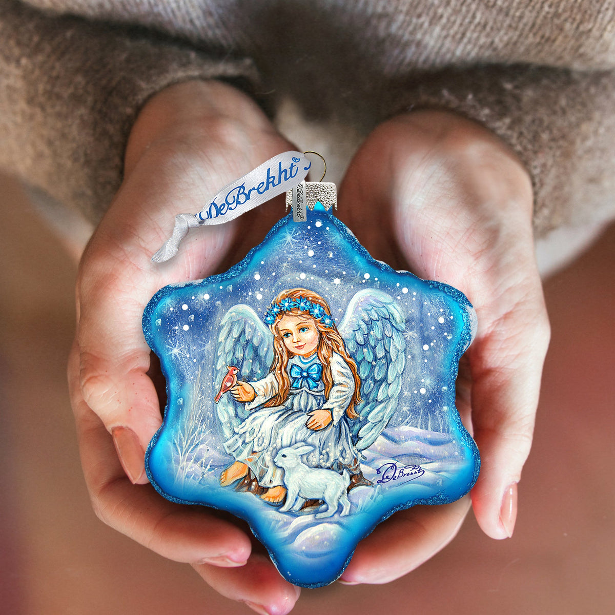 Christmas Tree Ornament Baby Angel with Bunny Glass Ornament by G. DeBrekht