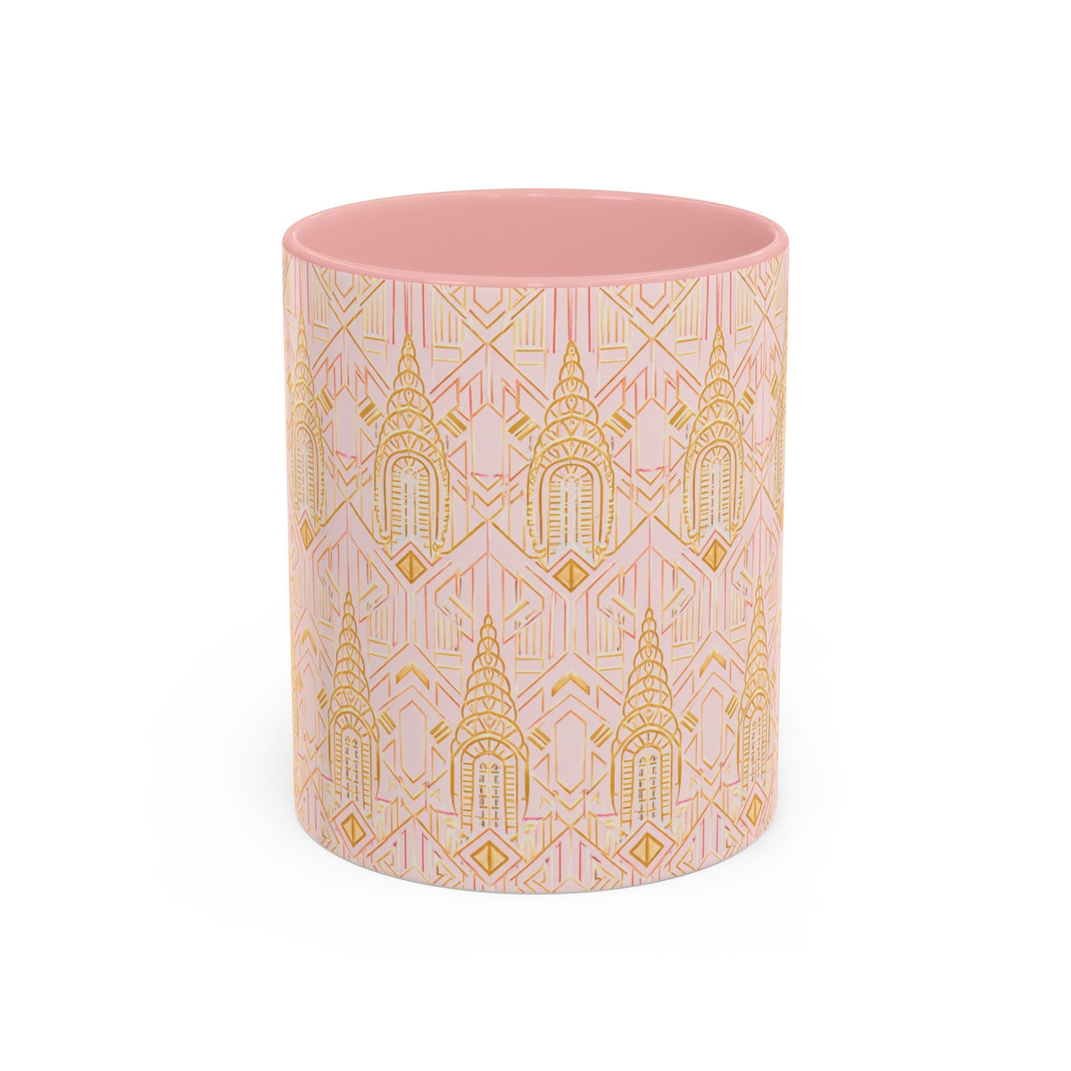 Art Deco Chrysler Building Pink & Gold Accent Coffee Mug — Manhattan Art Deco Pattern Mug 11 oz