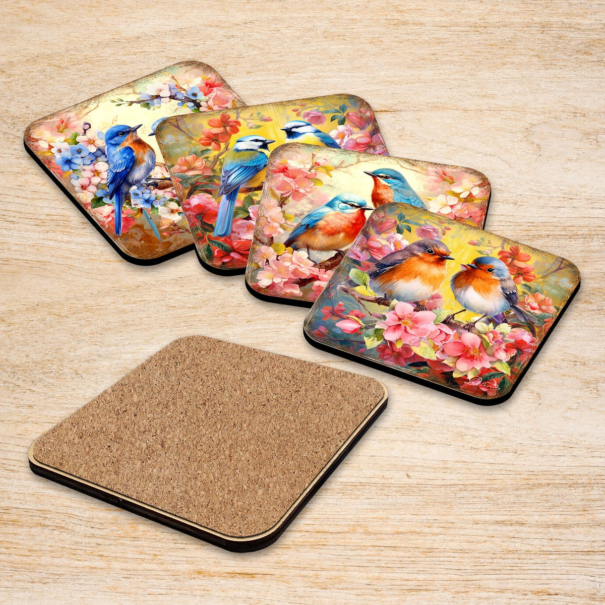 Spring Birds Wooden Cork Coasters Gift Set of 4 by G. Debrekht - Easter Spring Decor  - 8199438C-S4