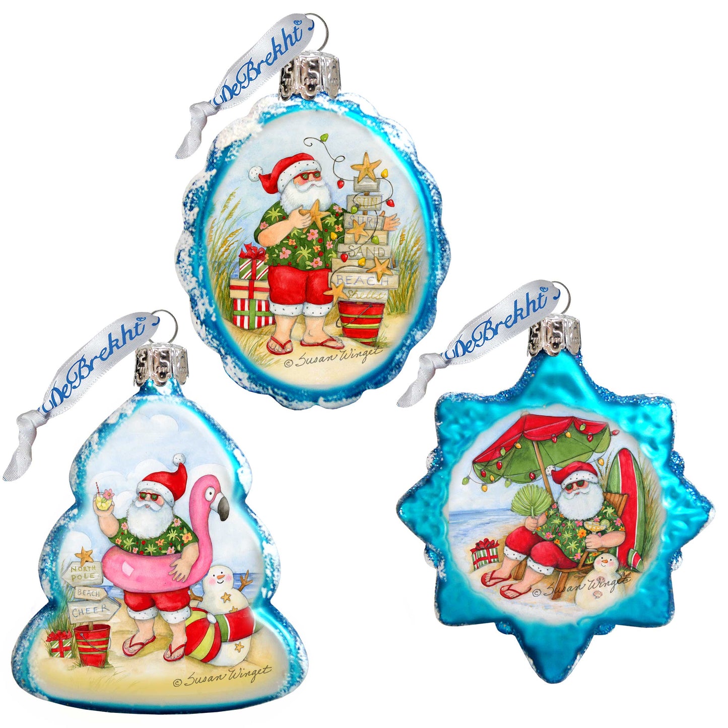 Christmas at the Beach Mercury Glass Ornaments Set of 3 by Susan Winget - Santa and Snowman Decor