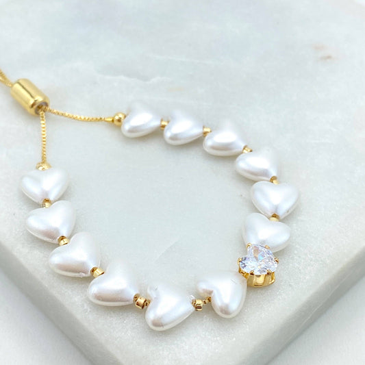 Luxus Accessories 18KGold Filled Heart Pearl Shape Bracelet with Heart Zirconia, Pearl Heart Shape Adjustable Bracelet