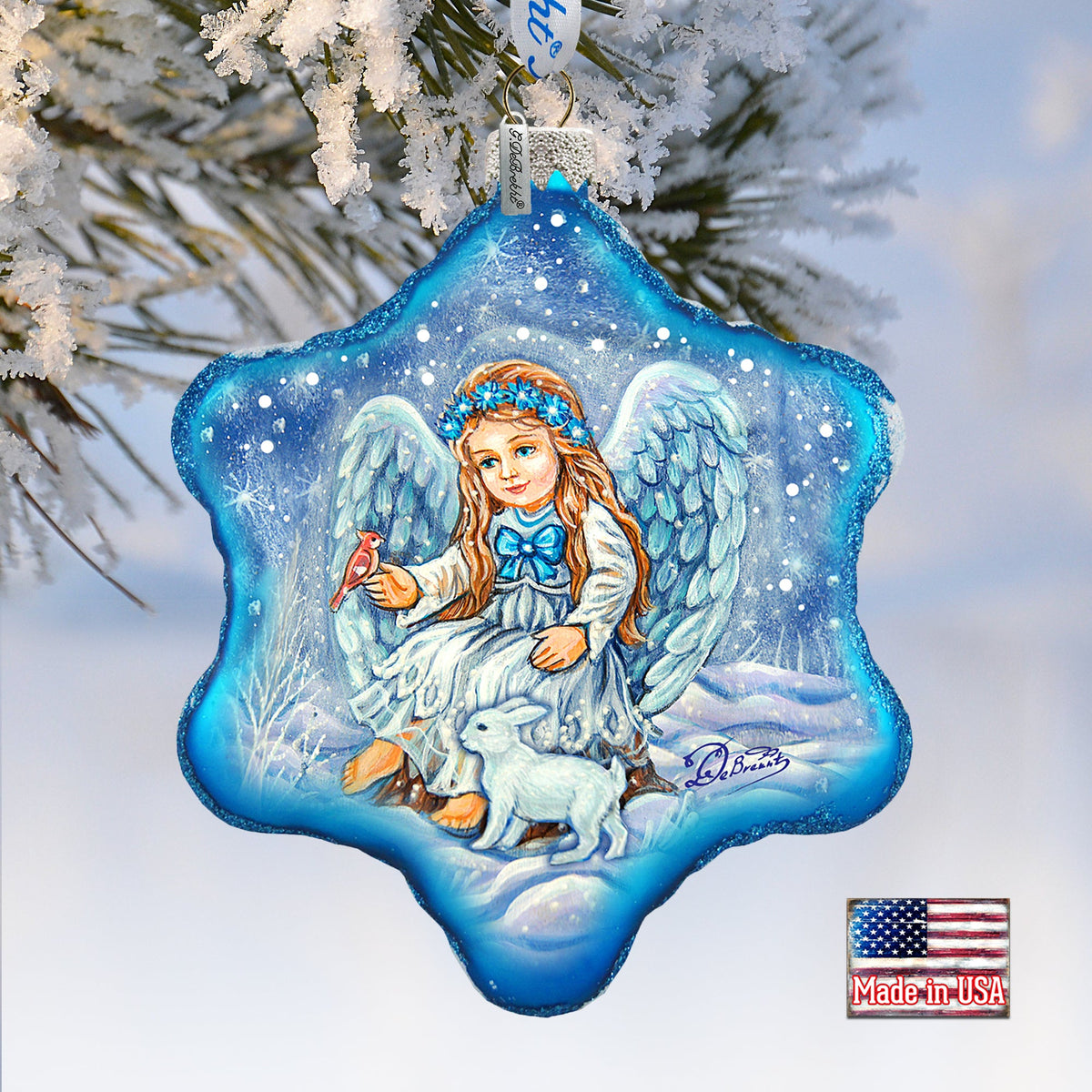 Christmas Tree Ornament Baby Angel with Bunny Glass Ornament by G. DeBrekht