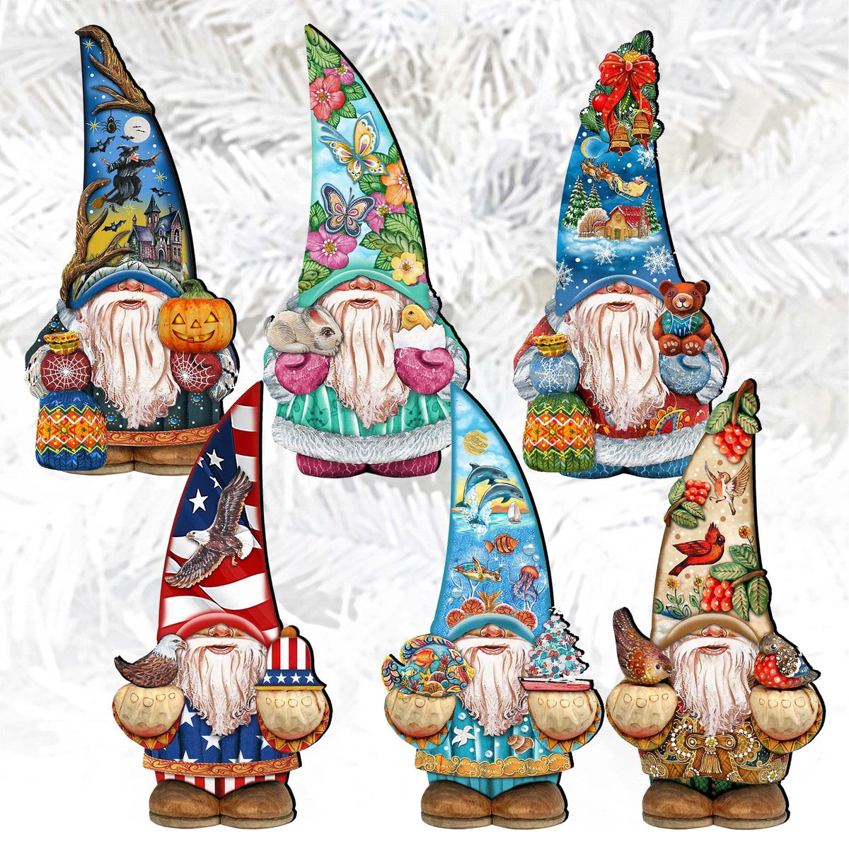 Holiday Gnomes Clip-On Eco Wood Decorative Ornaments Set of 6 by G. Debrekht  - Christmas Decor - 8090138C-S6