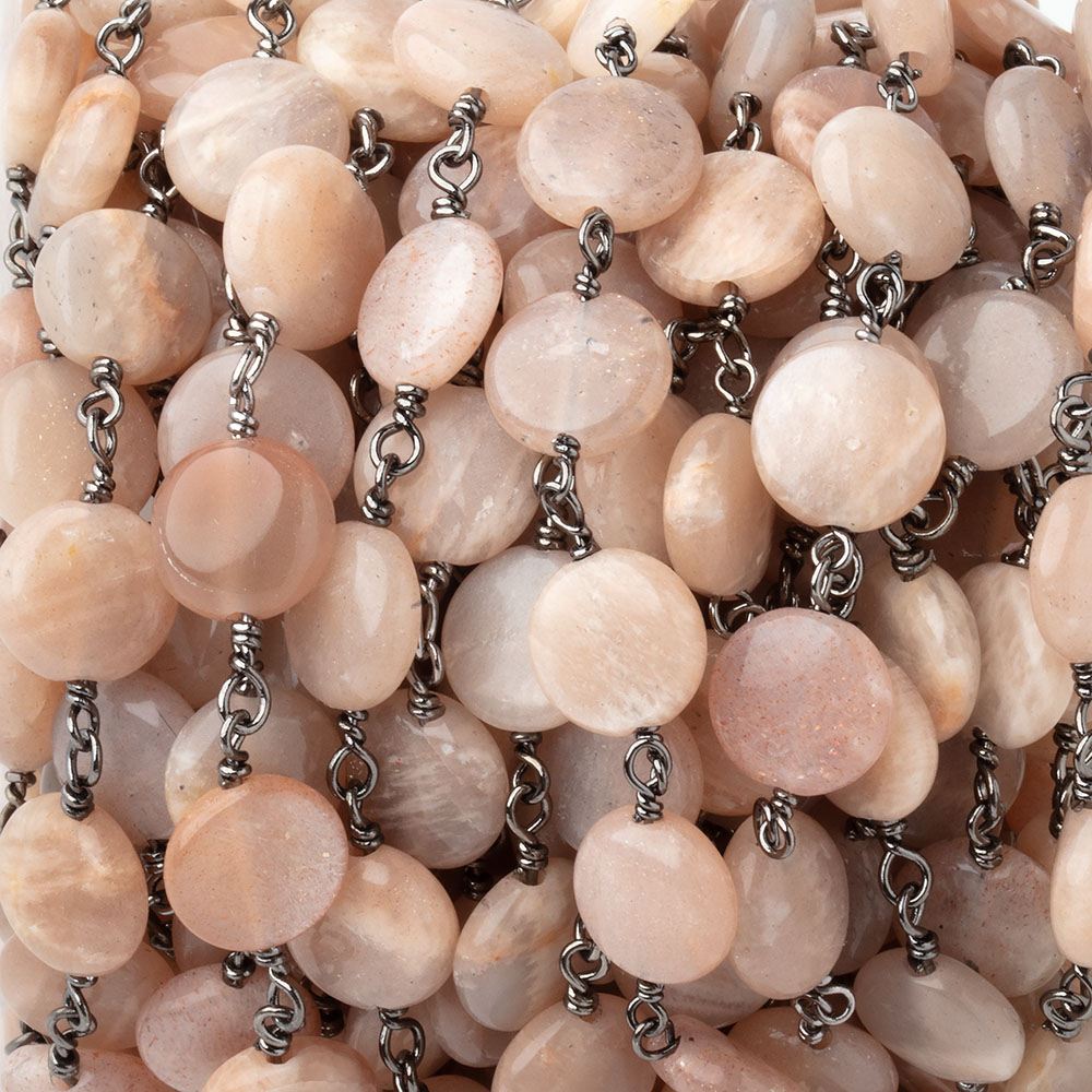 9mm Peach Moonstone Plain Coins on Black Gold Plated Chain