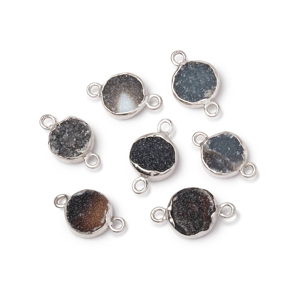 9mm Sterling Silver Bezel Black Drusy Coin Connector 1 piece