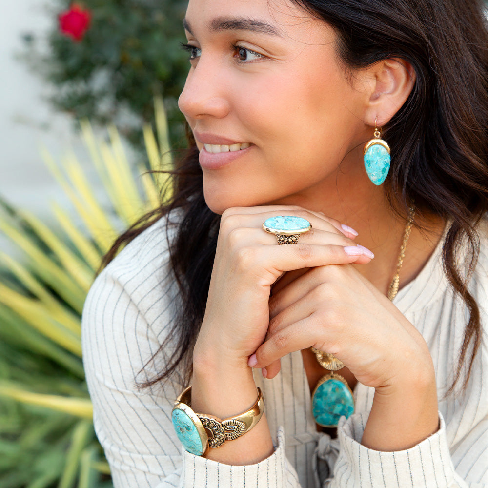 Agave Genuine Blue Turquoise Golden Ring