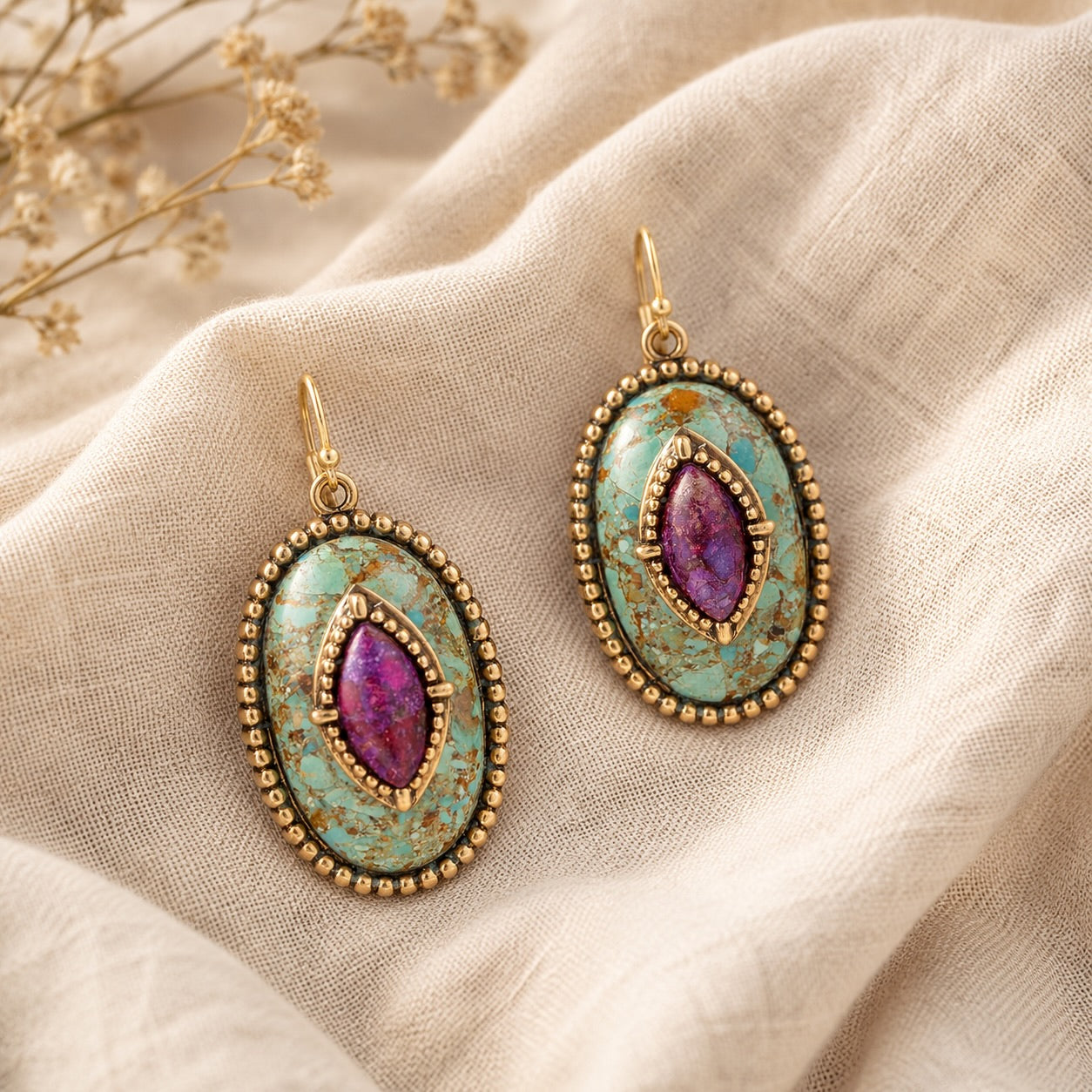 Stacked Stone Blue and Purple Turquoise Golden Drop Earrings