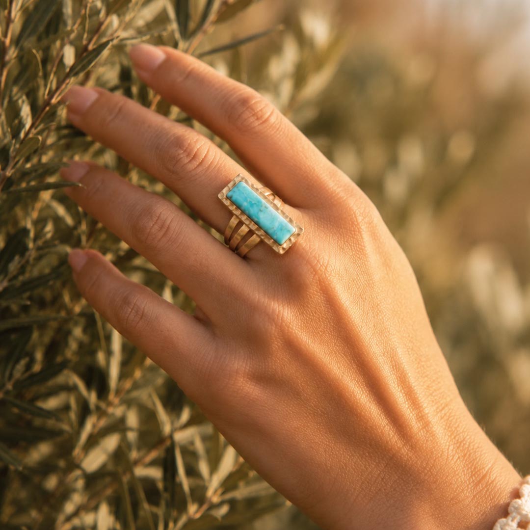 Aztec Blue Turquoise Golden Statement Ring