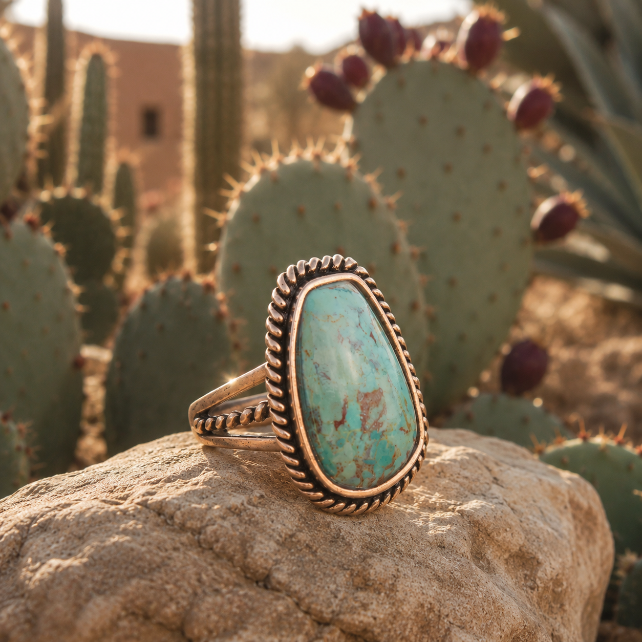 Roped Blue Turquoise Golden Ring