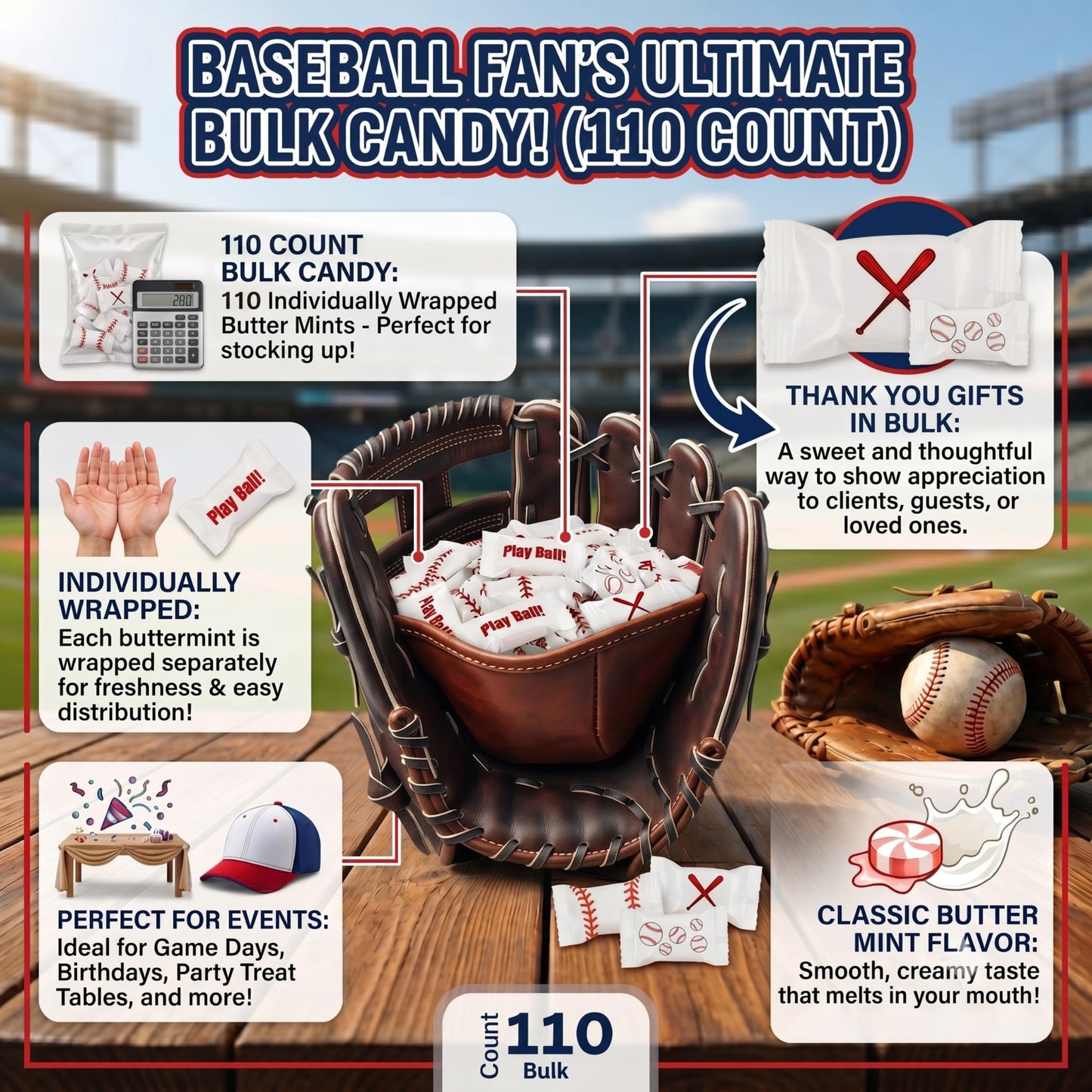 Baseball Butter Mints Individually Wrapped – Baseball Party Candy, Bulk Buttermints for Sports Birthday Parties, Team Banquets, Goodie Bags & Candy Buffets (110 or 220 Count)