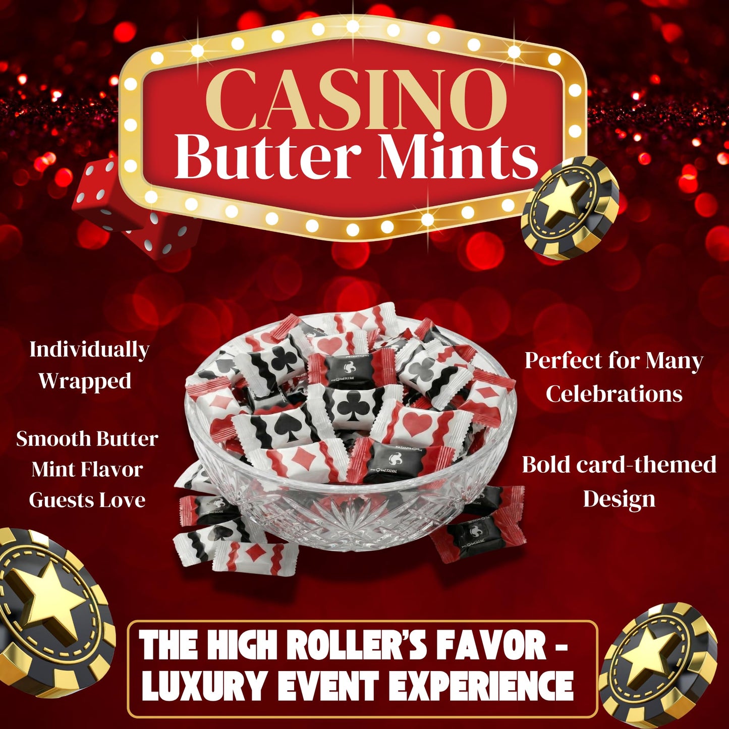 Casino Butter Mints 220ct – Individually Wrapped Buttermints for Poker Night Candy, Casino Theme Party Favors, Vegas Decorations & Game Night Table Candy