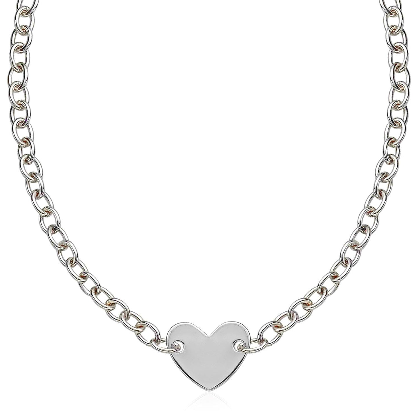 Sterling Silver Rhodium Plated Chain Bracelet with a Flat Heart Motif Station