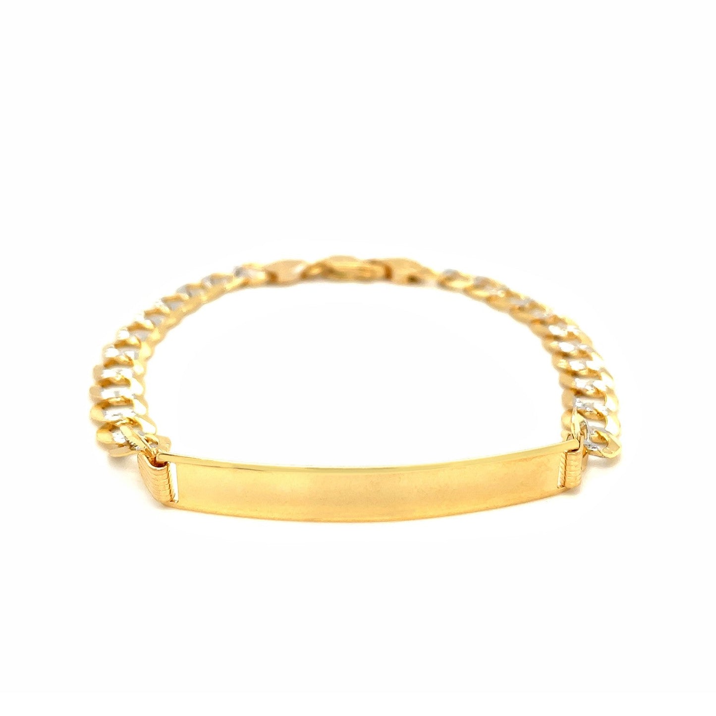14k Two Tone Gold 8 1/2 inch Mens Narrow Curb Chain ID Bracelet with White Pave (6.70 mm)