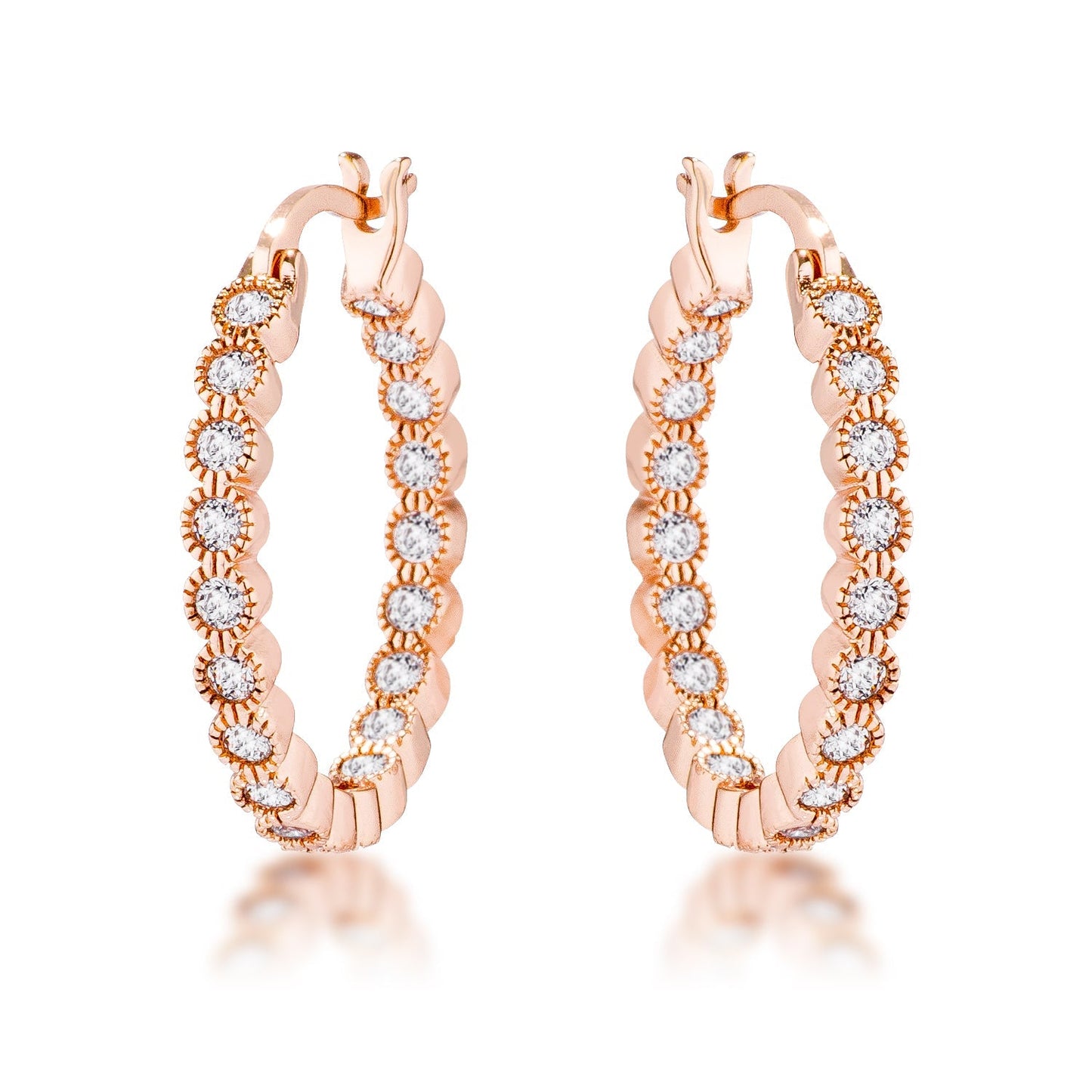 Avera Dotted CZ Round Bezel Hoop Earrings in Pink