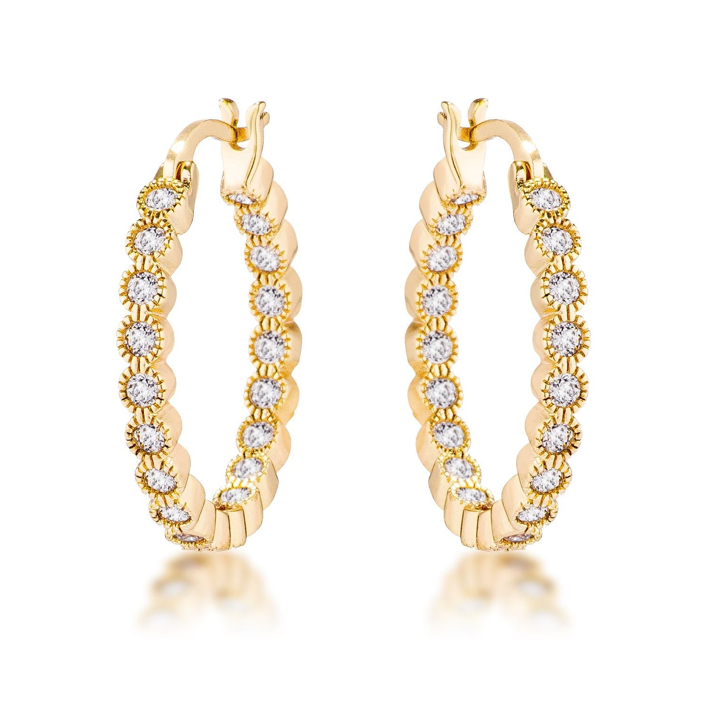 Avera Dotted CZ Round Bezel Hoop Earrings in Pink
