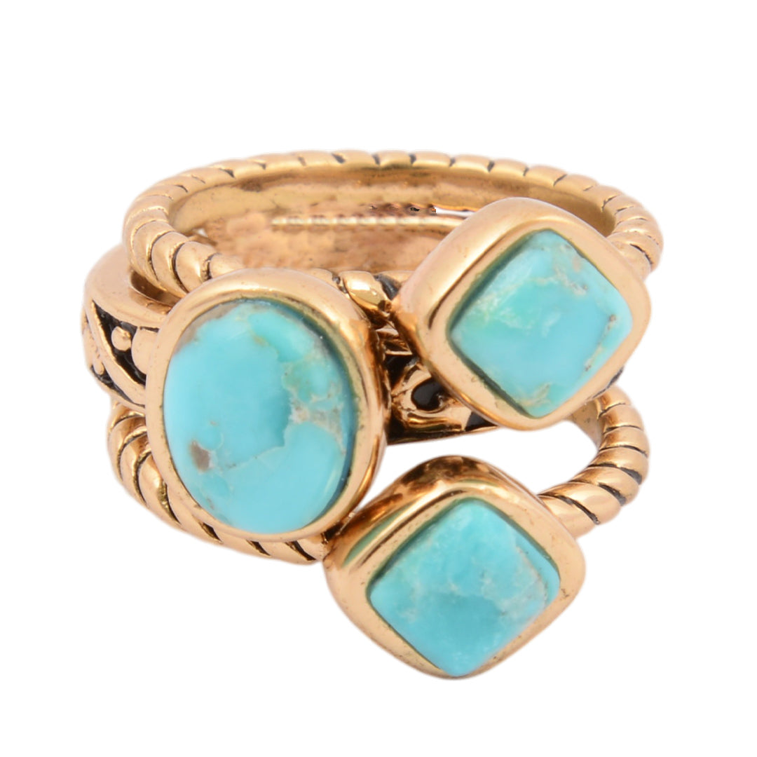 Multi-Shape Blue Turquoise and Golden Trio Ring Set