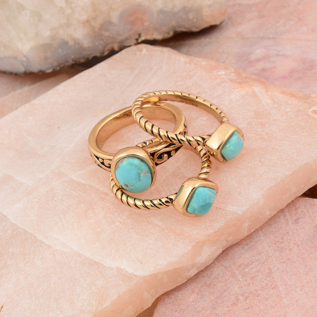 Multi-Shape Blue Turquoise and Golden Trio Ring Set