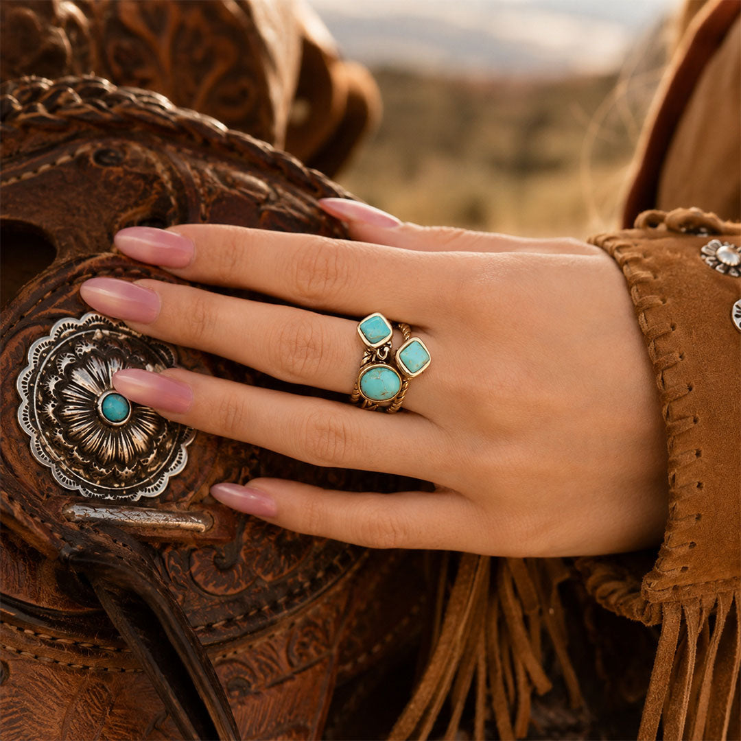 Multi-Shape Blue Turquoise and Golden Trio Ring Set