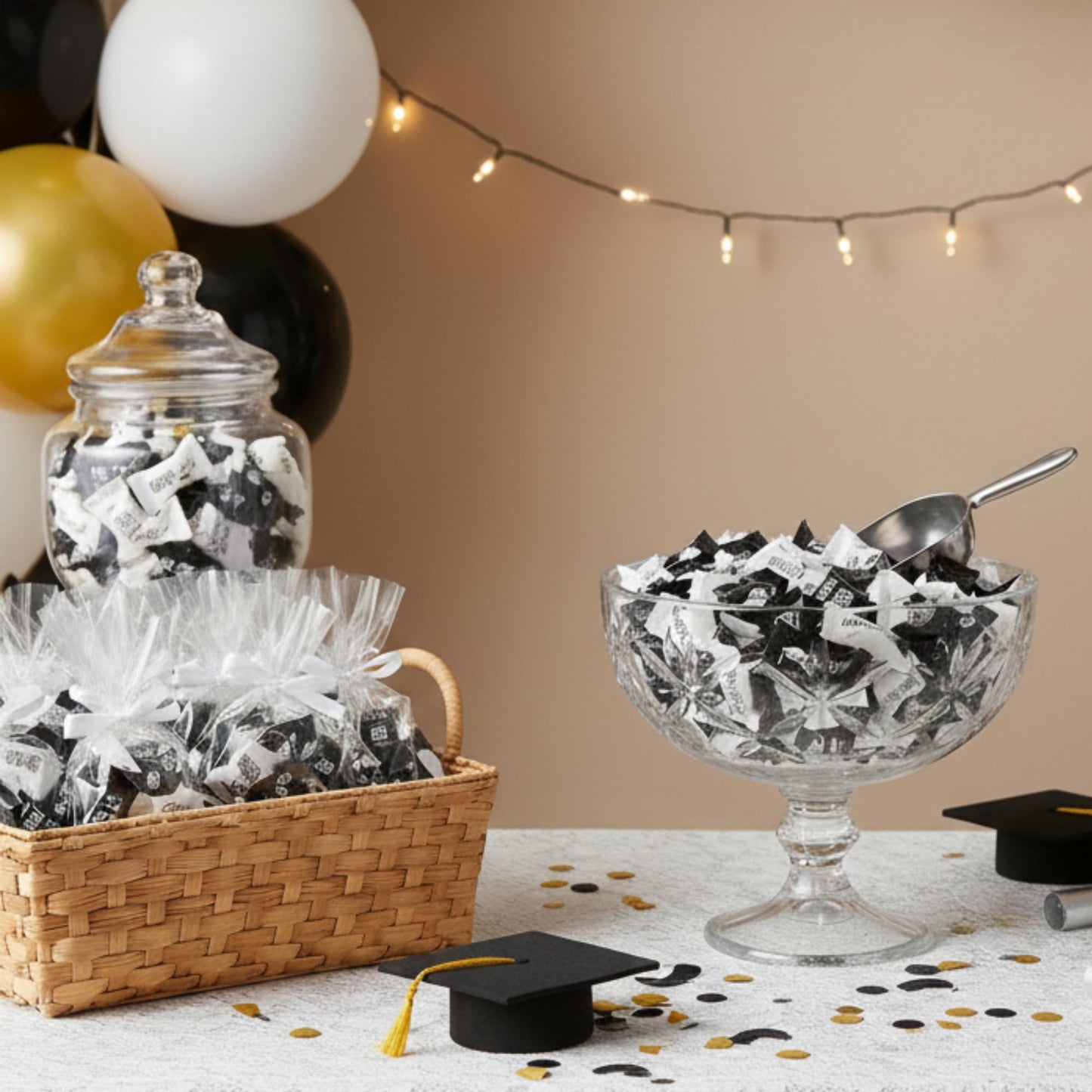 Graduation Mints Black and White 220ct – Individually Wrapped Congrats Grad Candy | Class of 2026 Graduation Party Favors | Bulk Butter Mints for Candy Buffet, Prom & Commencement