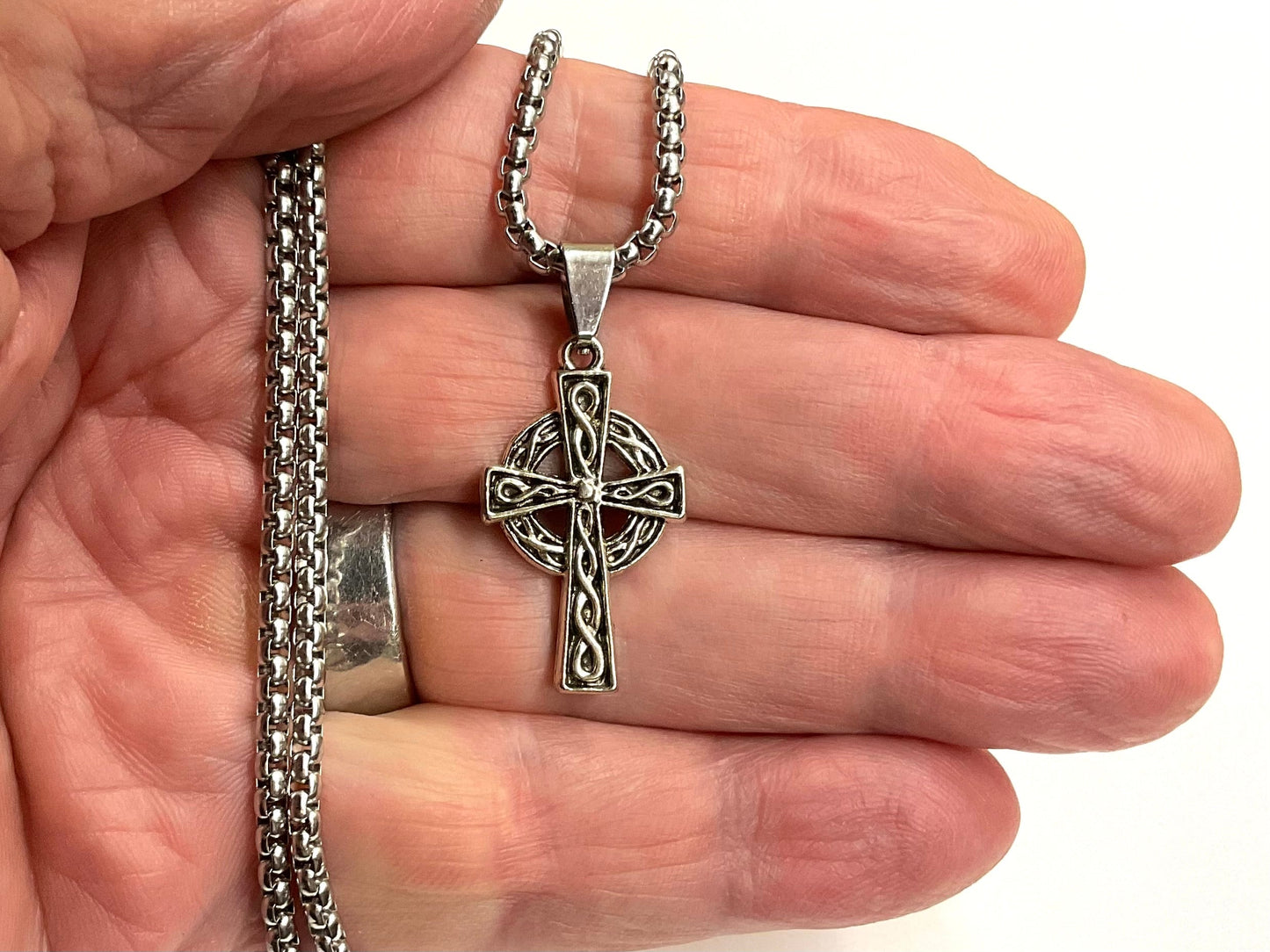 Small Silver Cross Necklace Celtic Irish Knot Crucifix Waterproof Hypoallergenic Thick Large Cross Vintage Filigree Viking Box Chain