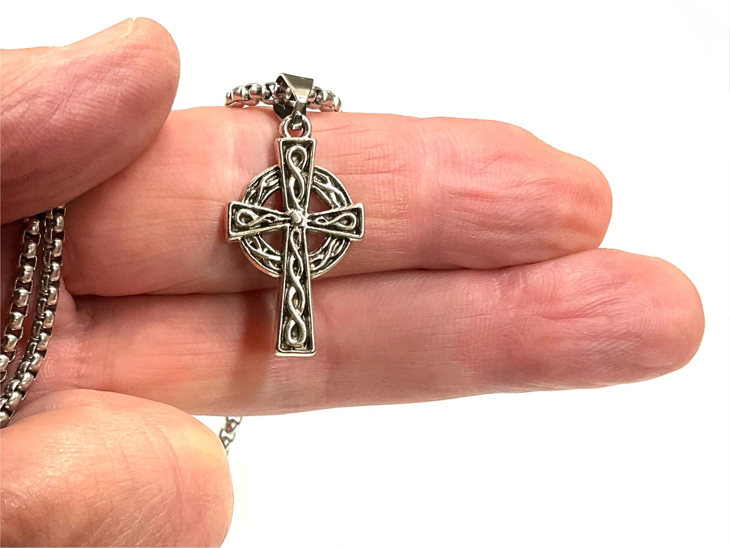 Small Silver Cross Necklace Celtic Irish Knot Crucifix Waterproof Hypoallergenic Thick Large Cross Vintage Filigree Viking Box Chain