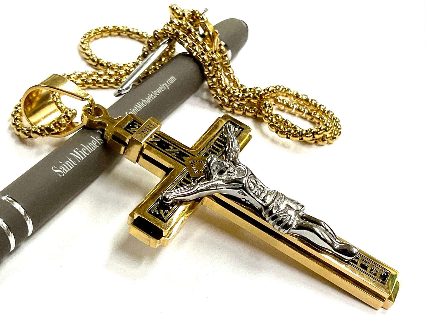 Large silver and gold gothic cross crucifix necklace for men waterproof stainless steel INRI