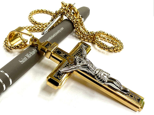 Large silver and gold gothic cross crucifix necklace for men waterproof stainless steel INRI