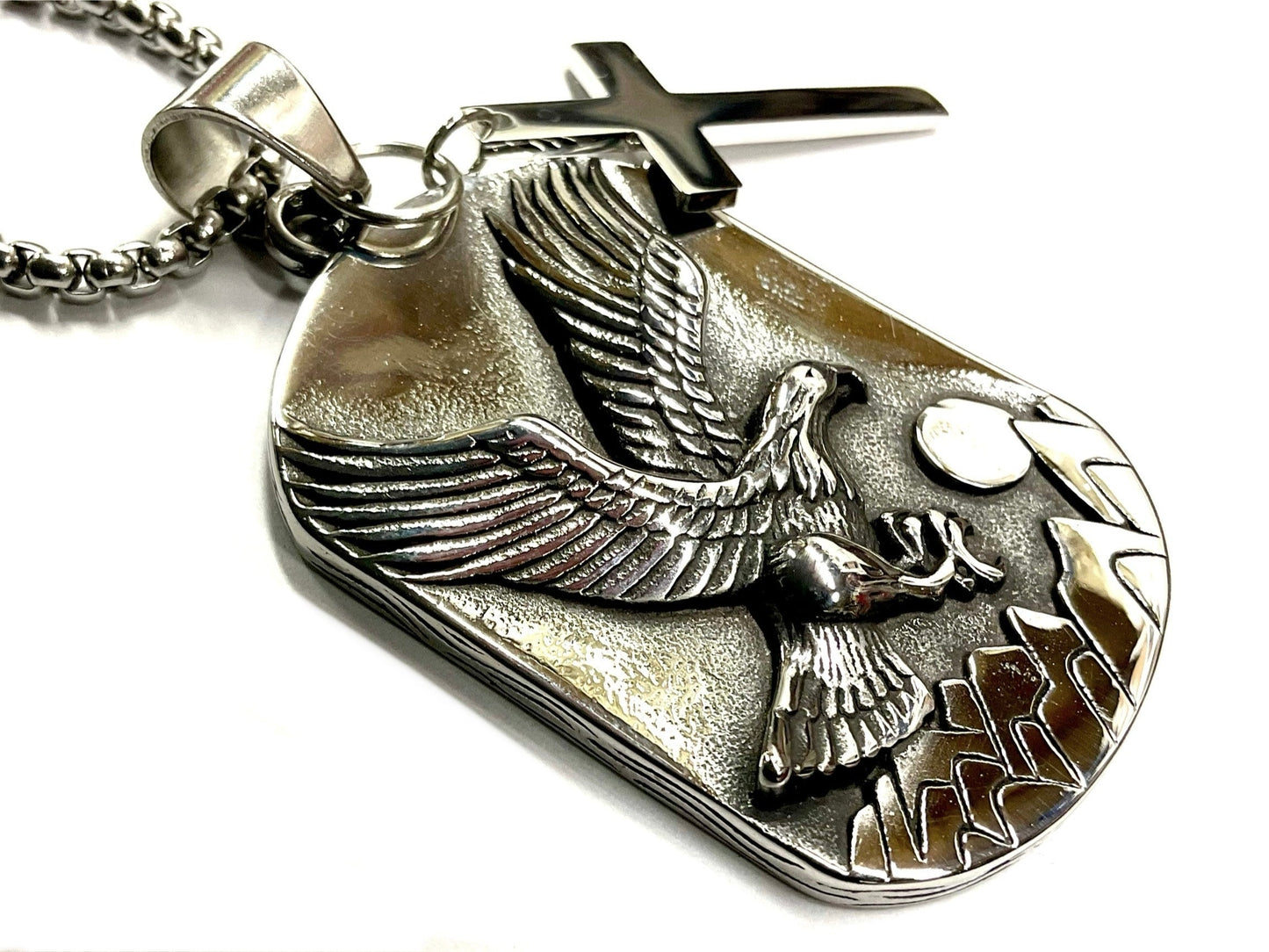 Western Mountain Eagle Dog Tag and Cross Necklace