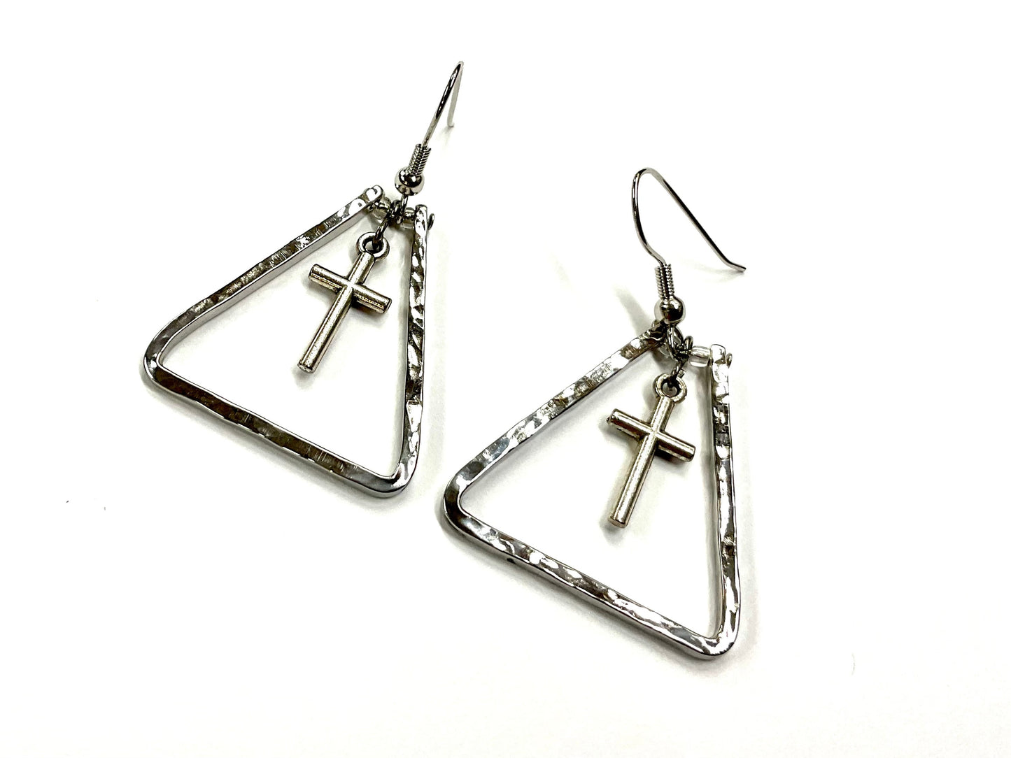 Handmade Silver Triangle Cross Earrings Dangle Bar Crucifix Hand Hammered Custom Personalized Bar Cross of Jesus Drop Jewelry jewellery