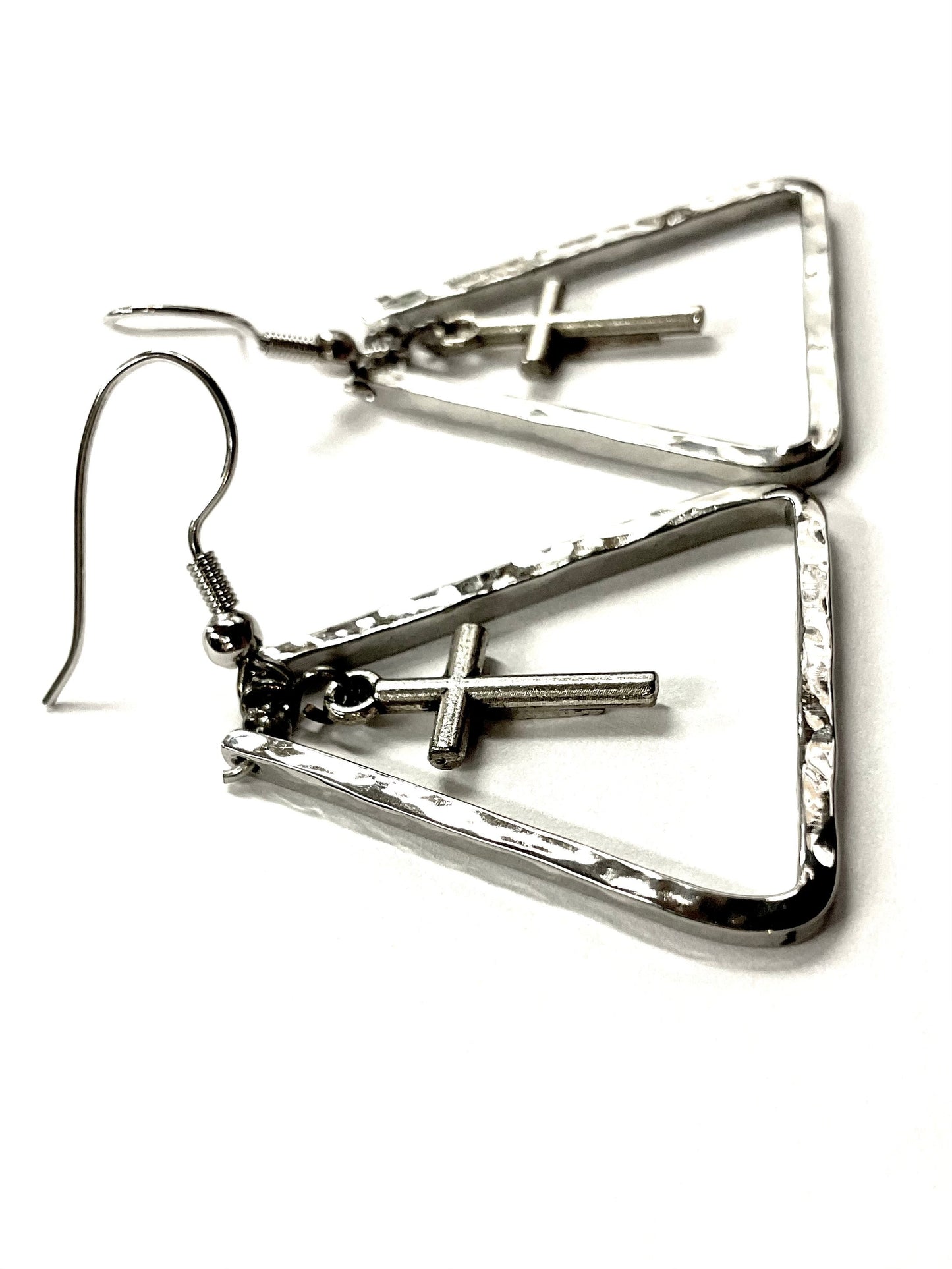 Handmade Silver Triangle Cross Earrings Dangle Bar Crucifix Hand Hammered Custom Personalized Bar Cross of Jesus Drop Jewelry jewellery