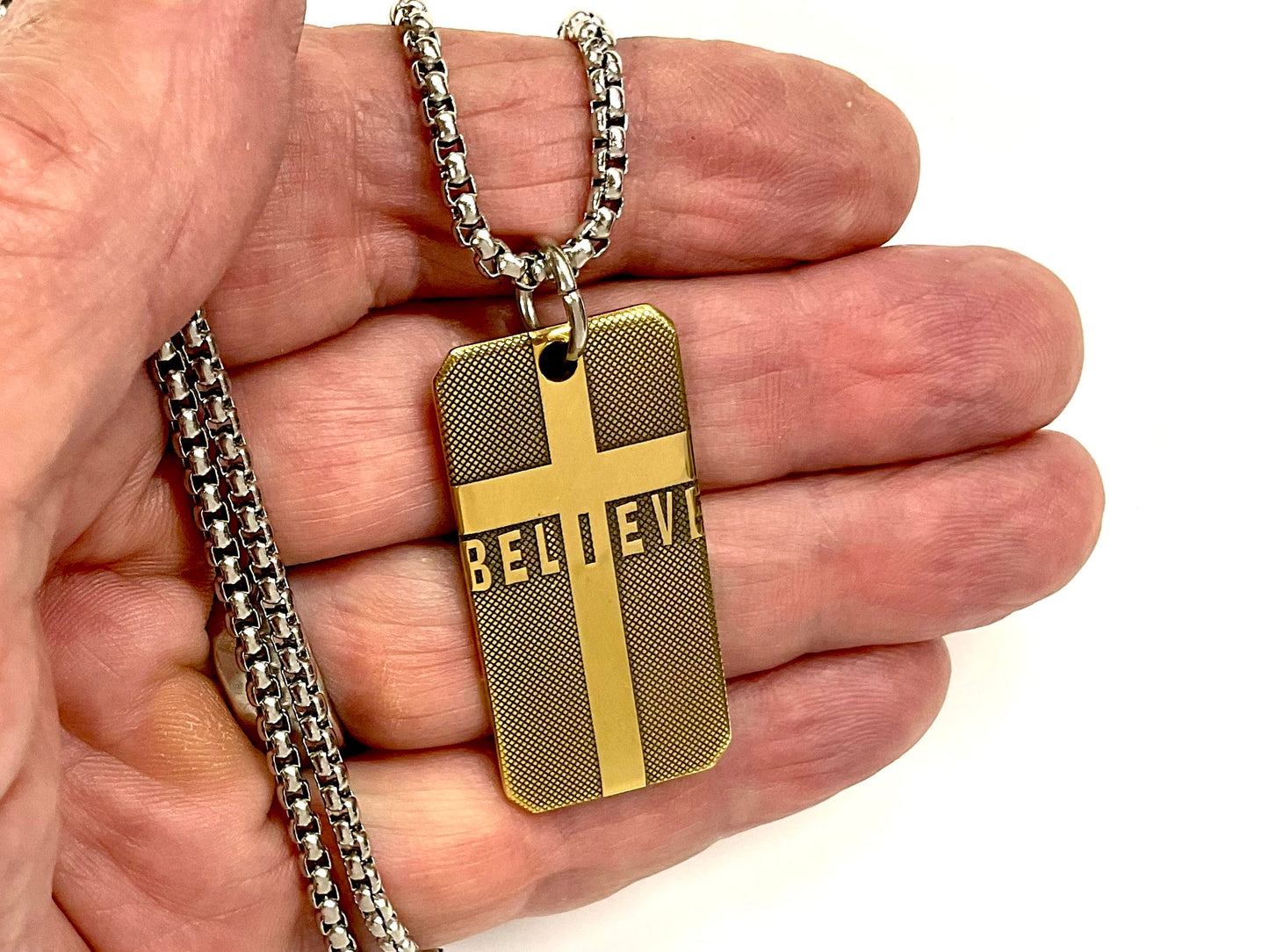 Solid brass BELIEVE dog tag cross necklace pendant detail engraved cross hatch biker heavy box chain jewelry