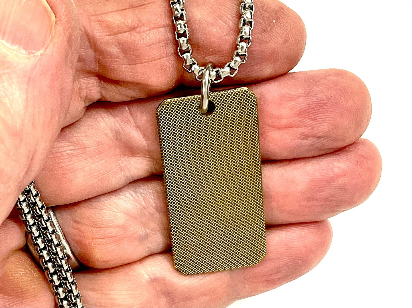 Solid brass BELIEVE dog tag cross necklace pendant detail engraved cross hatch biker heavy box chain jewelry