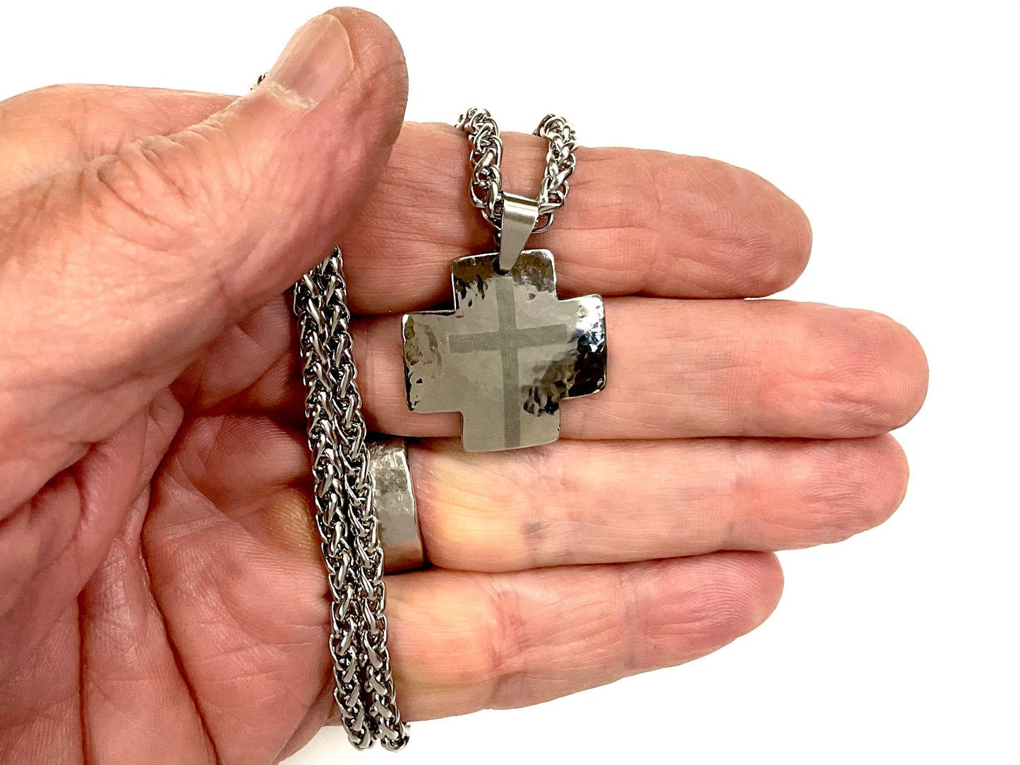 Iron cross necklace for men handmade custom silver waterproof pendant keel chain hand hammered