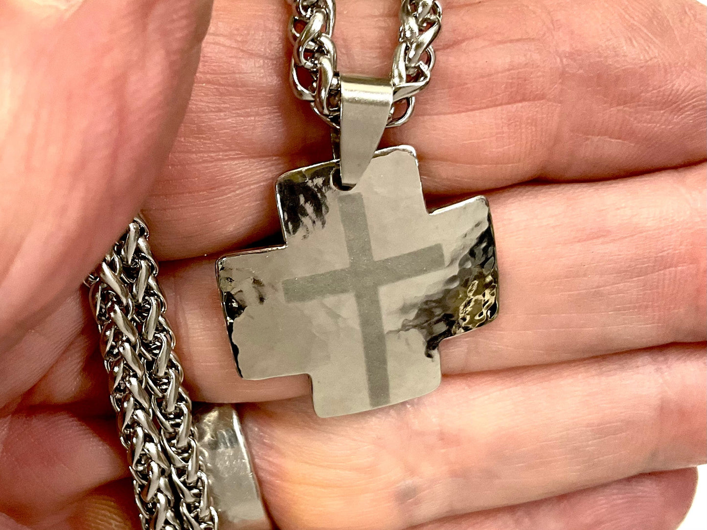 Iron cross necklace for men handmade custom silver waterproof pendant keel chain hand hammered