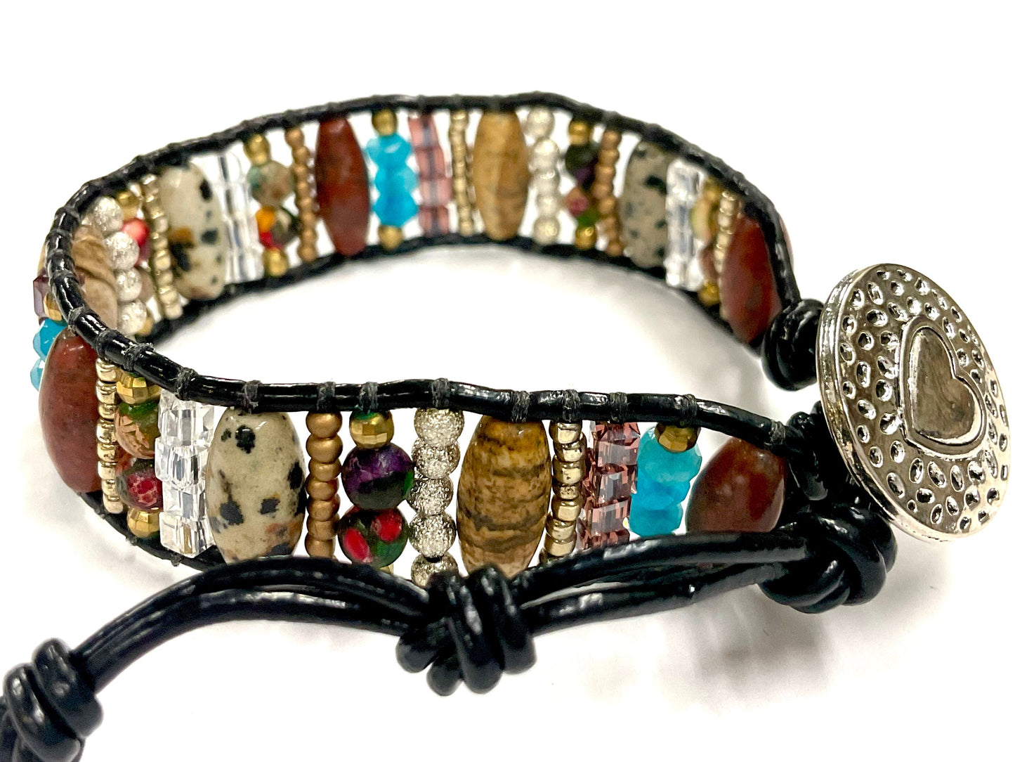 Natural Stone and wood beaded Bracelet Boho design with Leather button on closure