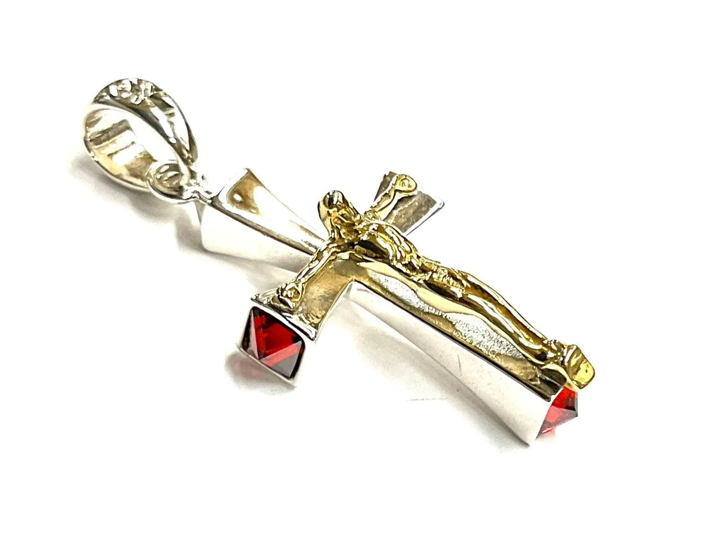 Solid Sterling Silver Cross Red Zircon Crucifix Necklace S925 heirloom jewelry Pendant for Women Cast Jewelry link Chain Jewellery for Girls