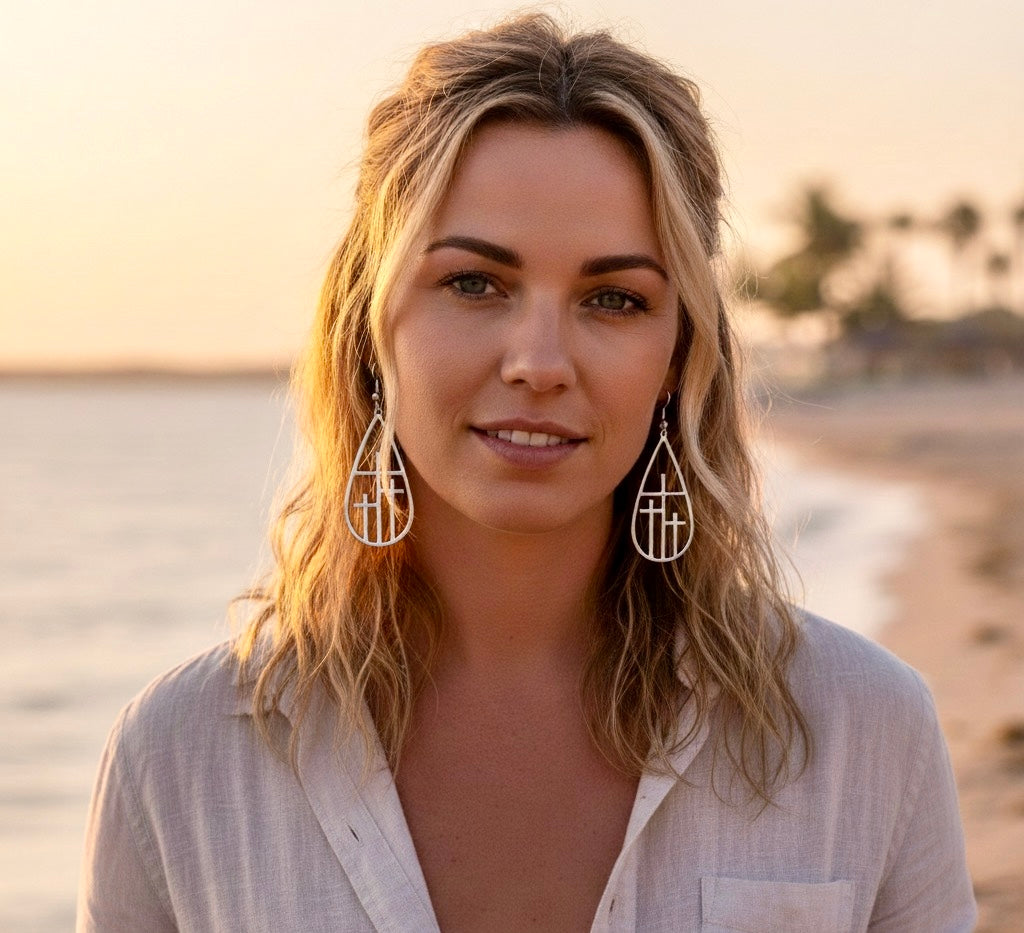 Teardrop 3 cross earrings necklace silver or gold triple crosses drop earrings teardrop hoop