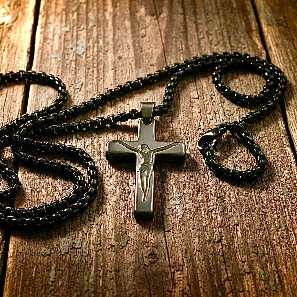 black cross necklace obsidian hematite black mens ancient old world pendant waterproof stainless steel boys box chain crucifix man jewelry