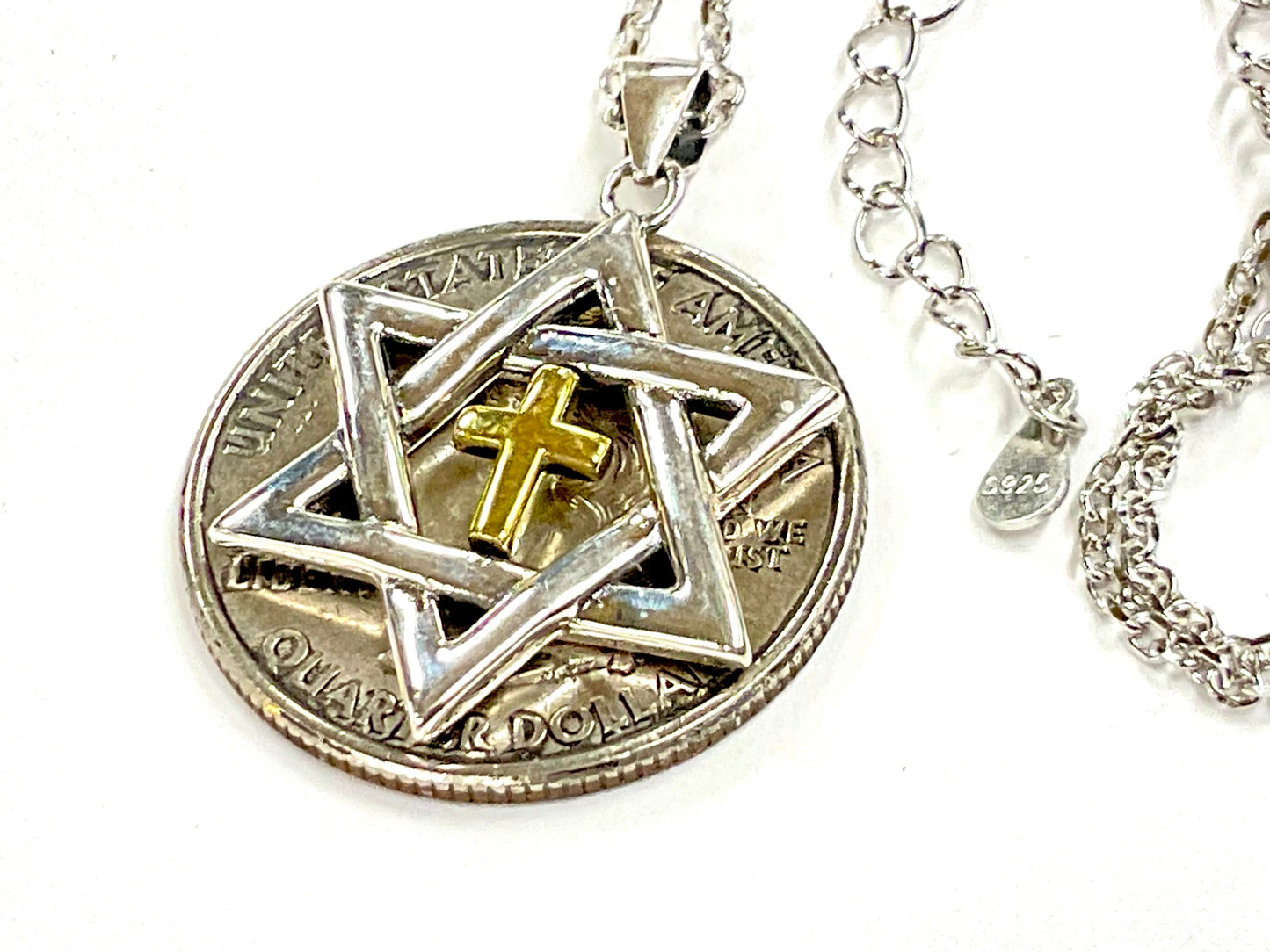 Sterling silver messianic star of david necklace with gold inlayed gold cross at the center crucifix seal of solomon