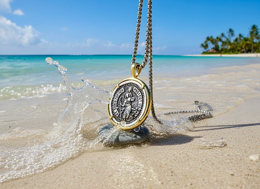 Saint christopher PROTECT us medal police officers soldiers silver cast medallion for man stainless steel chain patron saint