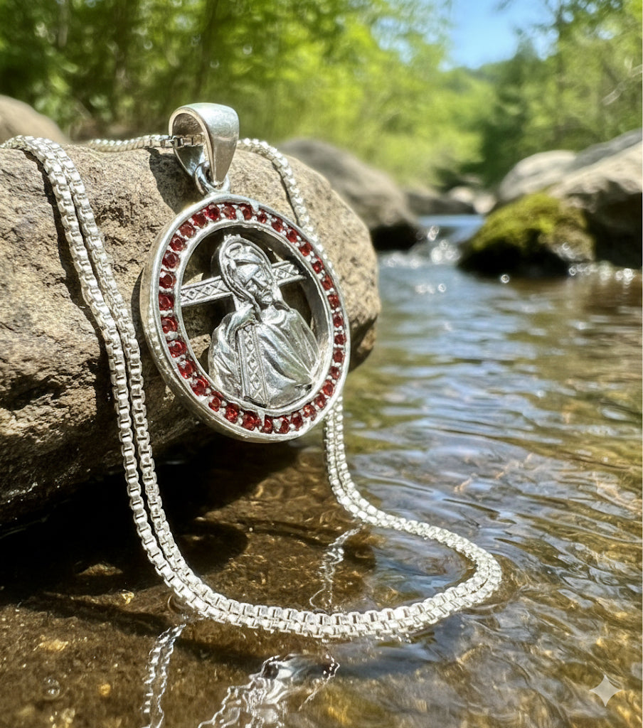 Solid sterling silver necklace jesus 14 stations of the cross via dolorosa way of sorrow red zircons S925 heirloom catholic