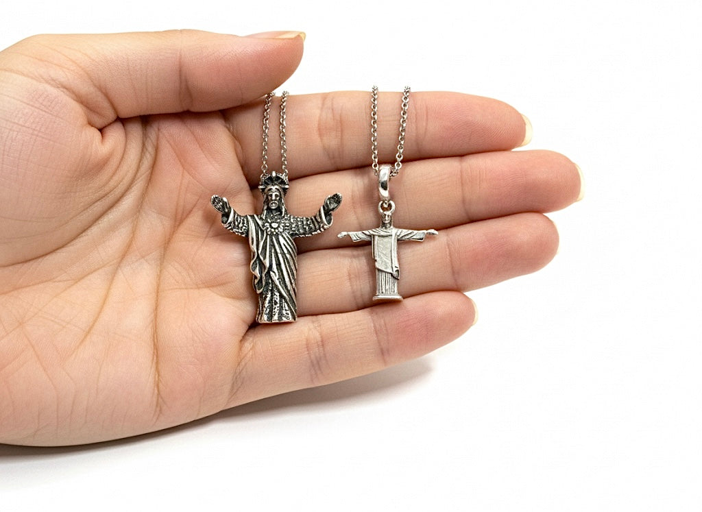 Solid Sterling Silver Christ the Redeemer Jesus Prince of Peace Crucifix open arms Cross Italian Chain catholic Rio Brazil Cristo Redentor
