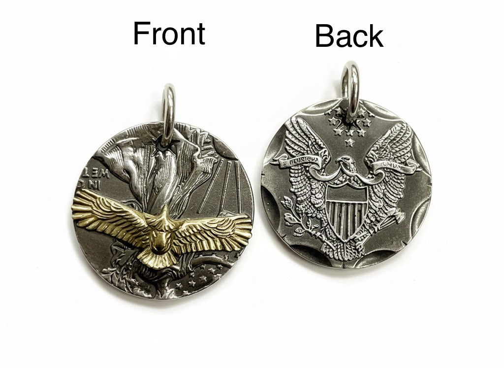 Solid sterling silver western bald eagle pendant coin necklace biker for man