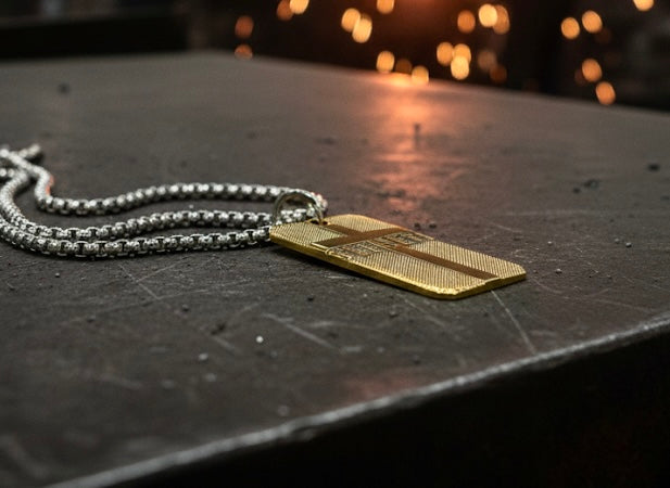 Solid brass BELIEVE dog tag cross necklace pendant detail engraved cross hatch biker heavy box chain jewelry