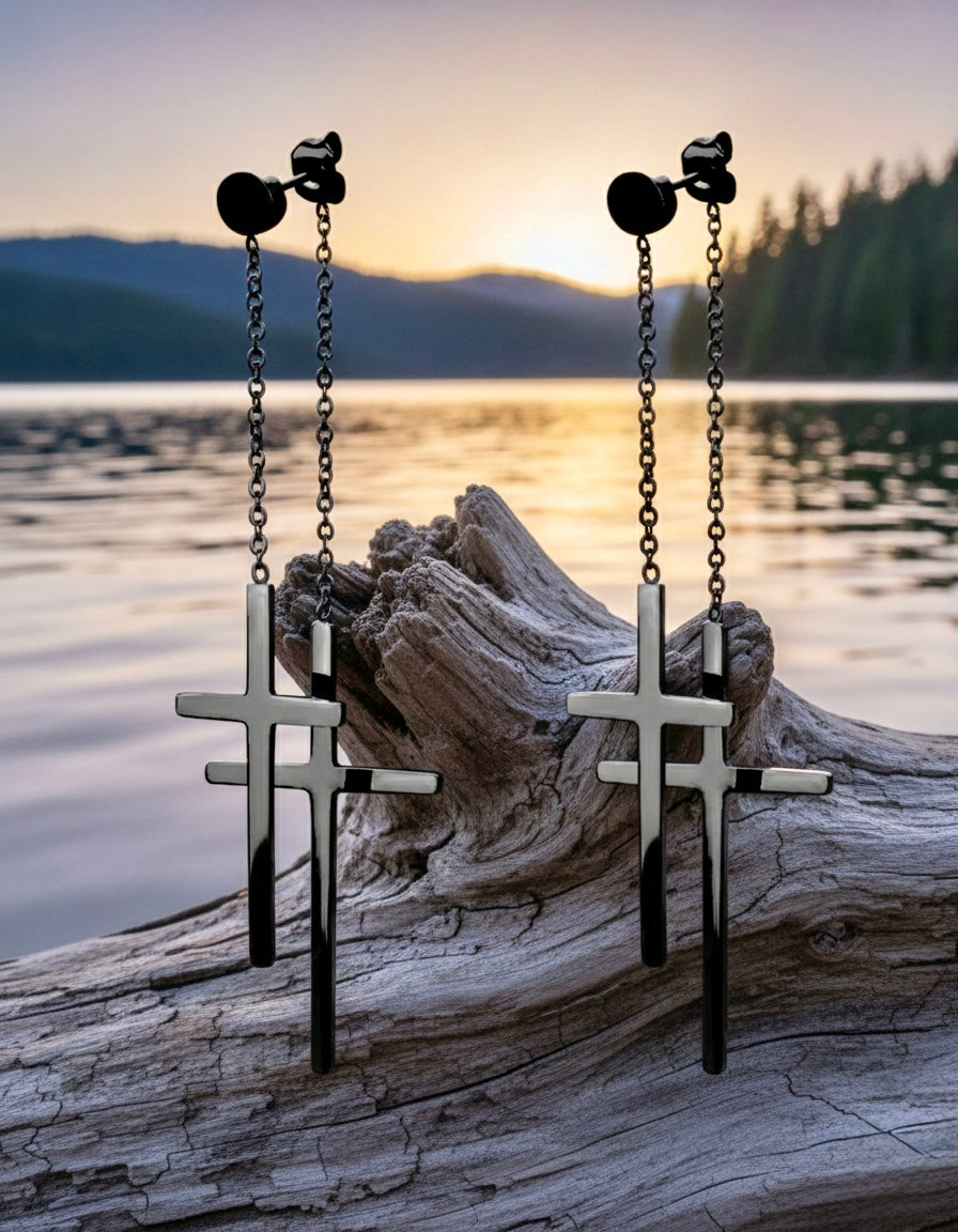 2 cross earrings double tassel and chain cross of jesus all waterproof hypoallergenic stainless steel 2