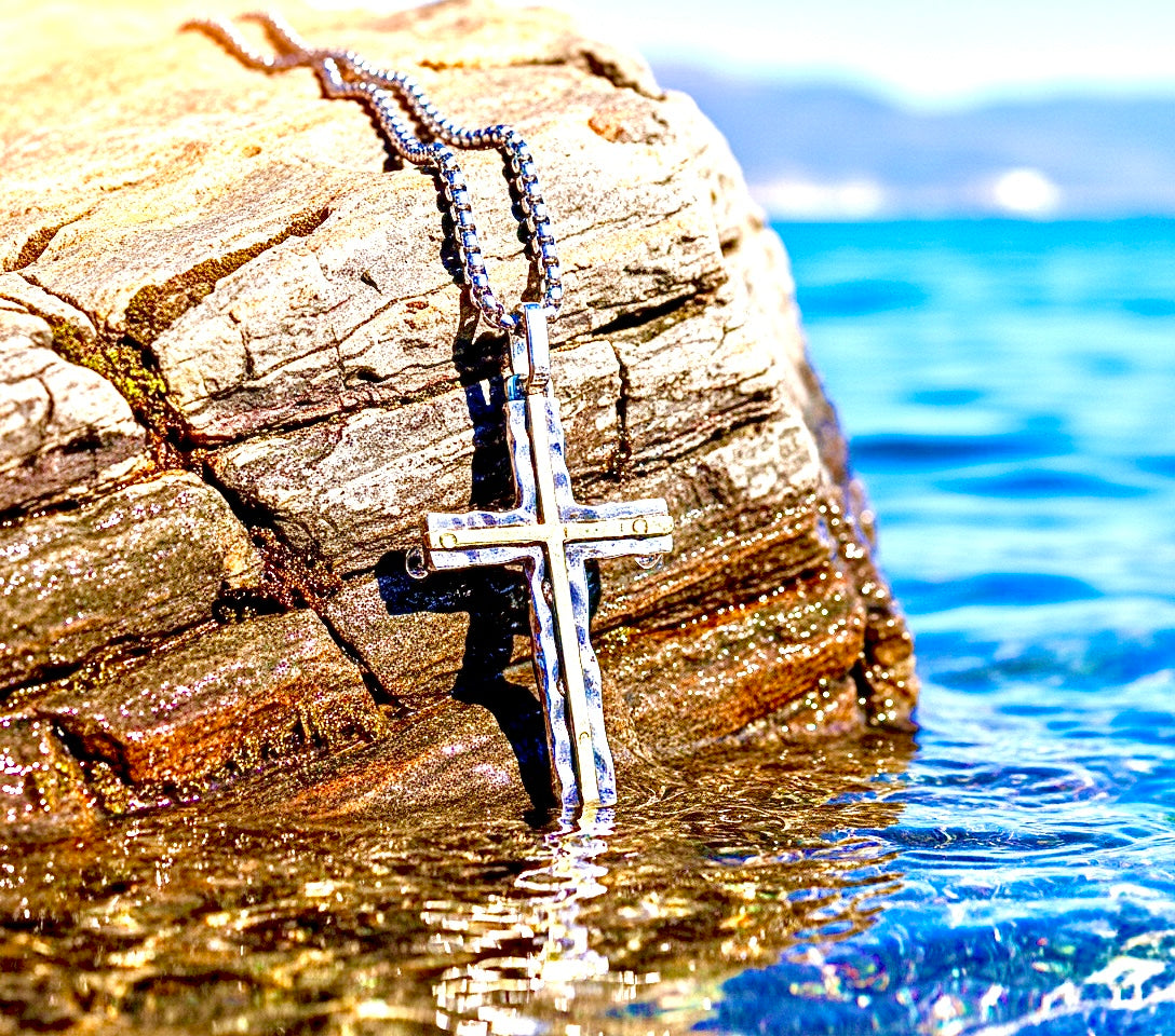 Hammered 2 Color Solid Sterling Silver Cross Necklace for men S925 with Brass inlay catholic crucifix