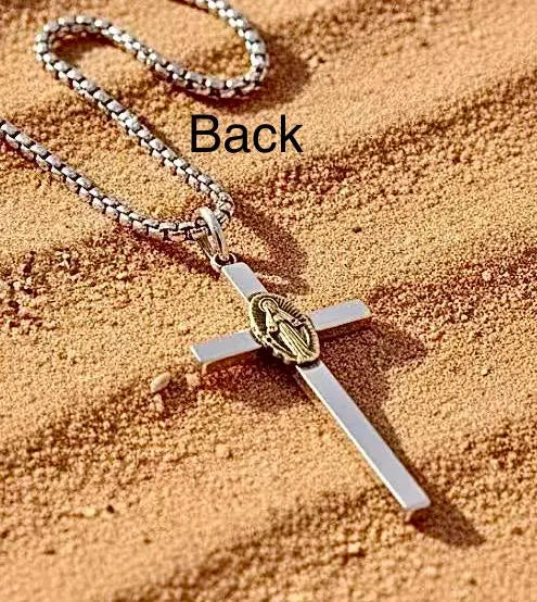 Two Sided Mary Madonna AquaMarine Stone Cross Necklace Filigreed S925 Solid Sterling Silver
