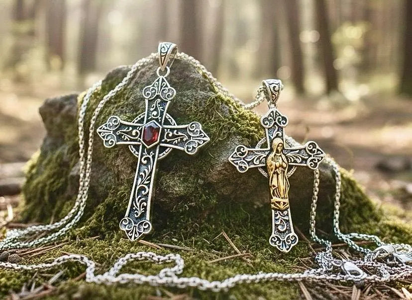 Irish Celtic Solid Sterling Silver Cross Natural Red Garnet Necklace S925 Pendant for Women Cast Jewelry link Chain Jewellery for Girls